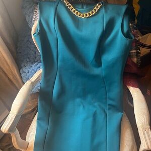 Calvin Klein Collection Teal Dress with Gold Chain
